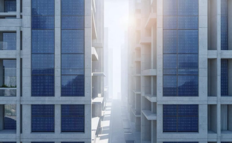 Modern cityscape showcasing buildings with integrated photovoltaic concrete facade panels, highlighting sustainable architecture and solar energy technology.