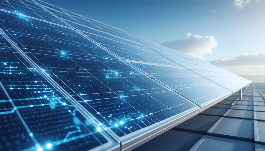 Digital twin representation of a solar farm showing real-time data integration and system monitoring