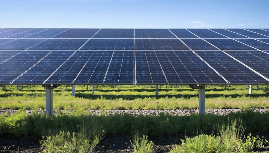 Aerial view of solar farm featuring dedicated pathways for wildlife movement between panel arrays