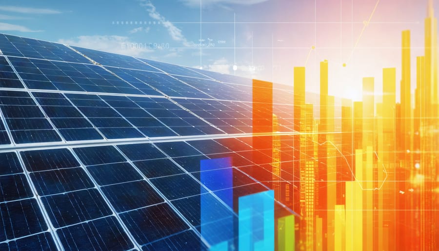 Aerial view of utility-scale solar farm with ROI and cost reduction charts