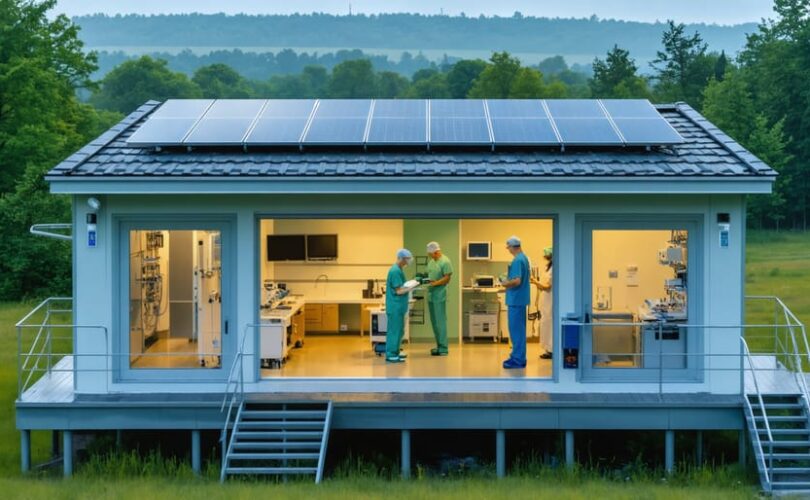 Remote healthcare facility powered by solar panels with medical staff working inside, illustrating the integration of solar energy in rural healthcare.