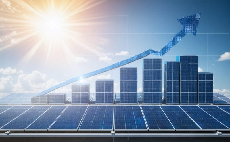 Conceptual image showing a financial growth chart with solar panels and sunbeams, representing rising returns on solar investments.