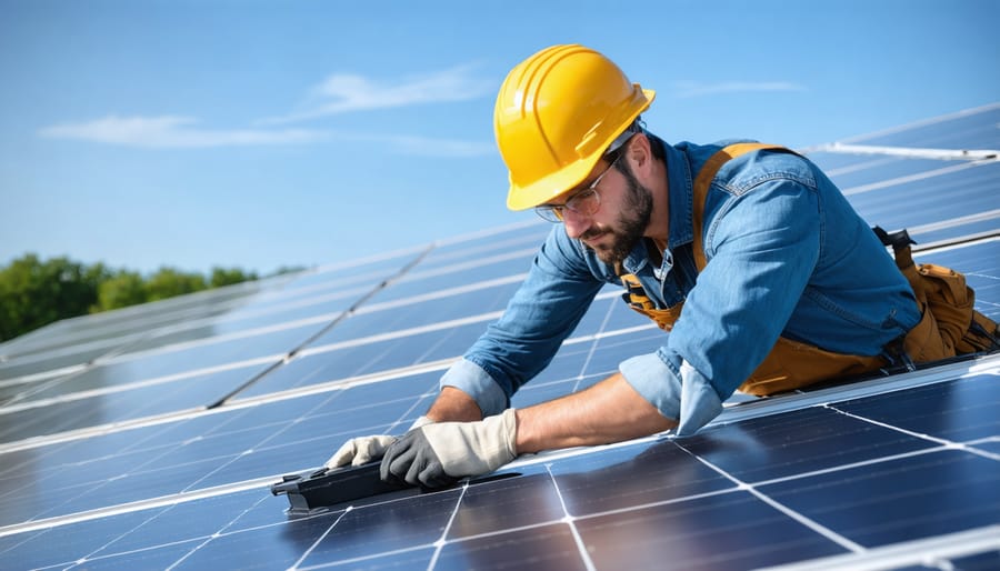 Solar installer securing mounting rails and panels to roof structure