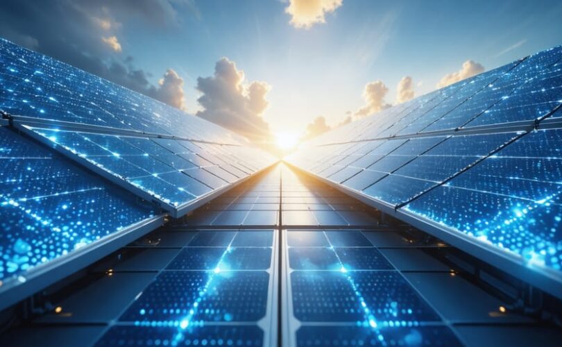 Creative illustration of solar panels with nanotech features like quantum dots and plasmonic nanostructures, emphasizing innovation in solar efficiency.