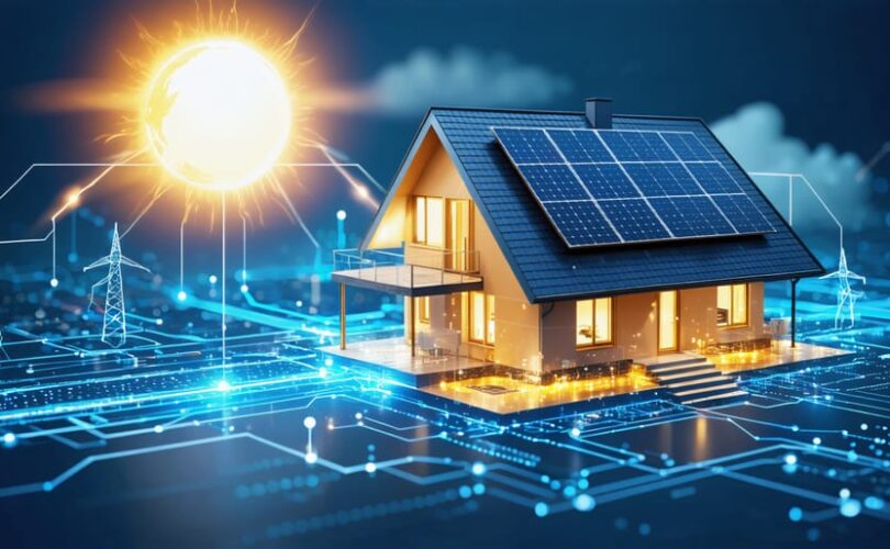 Conceptual illustration of energy flow from solar panels to a house and electrical grid, highlighting the integration of sustainable energy systems.