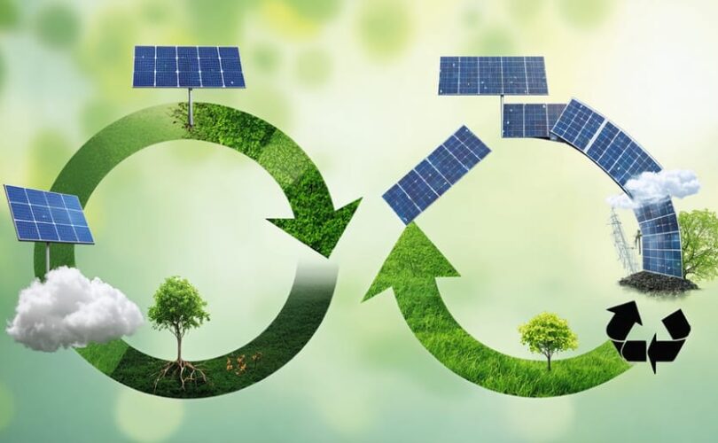 Conceptual image illustrating the full lifecycle of solar panels from manufacturing and installation to operational maintenance and recycling, arranged in a circular format.