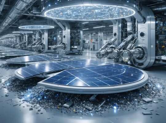 High-tech recycling facility with robotic arms disassembling solar panels and reclaiming high-purity silicon, silver, and glass, highlighting the innovative processes in PV recycling.