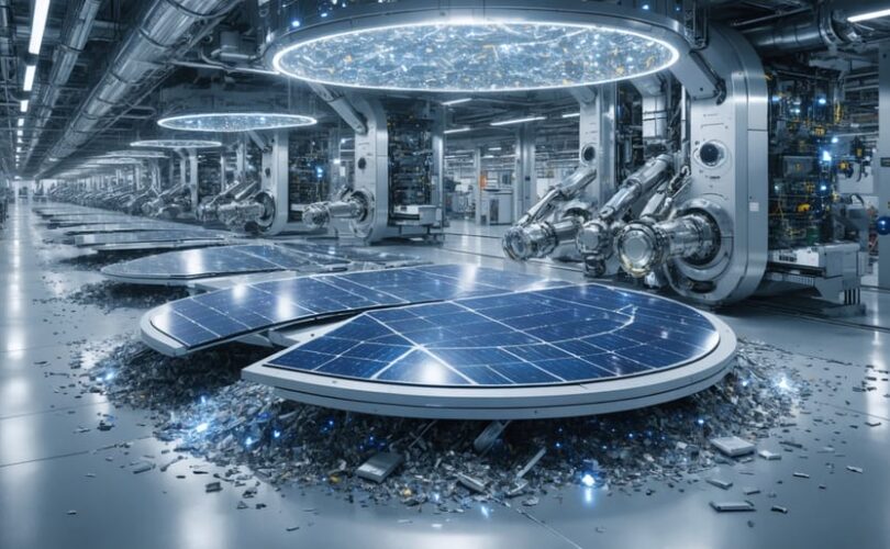 High-tech recycling facility with robotic arms disassembling solar panels and reclaiming high-purity silicon, silver, and glass, highlighting the innovative processes in PV recycling.