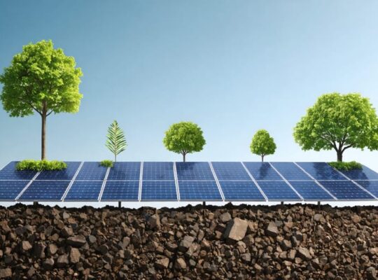 "A conceptual depiction of solar panel recycling, showing various recycling technologies transforming old panels into new resources, highlighting mechanical, chemical, and thermal processes."