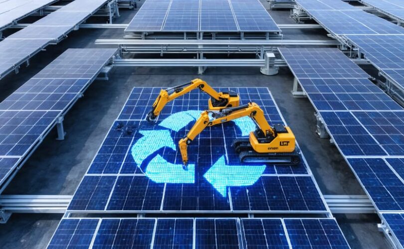 An abstract portrayal of robotic arms disassembling solar panels, symbolizing cutting-edge recycling technology within a circular economy framework.