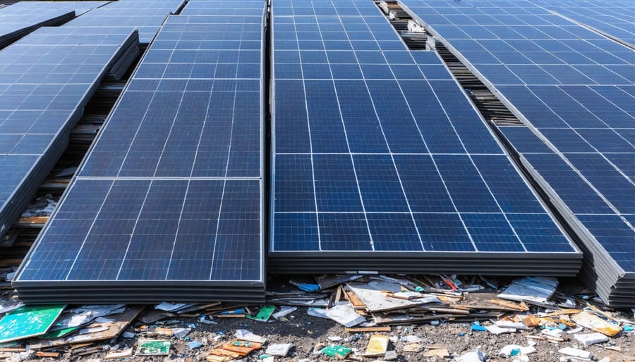 Large pile of end-of-life solar panels awaiting recycling at a collection facility