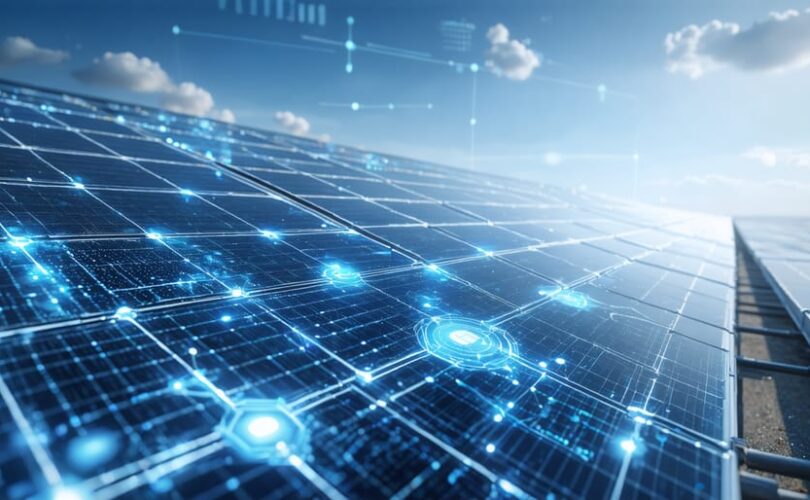 Visualization of a solar photovoltaic installation enhanced with digital twin technology displaying data insights and system analytics in real-time.