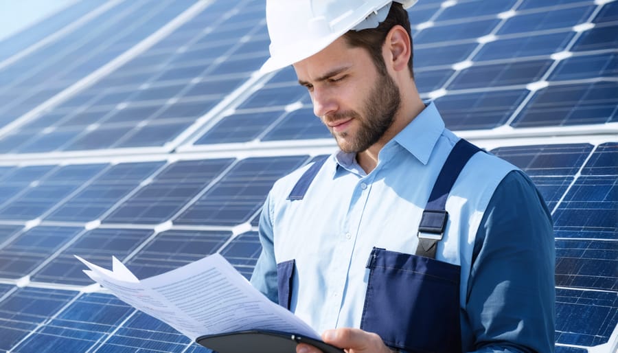 Solar technician inspecting panels with risk management documentation