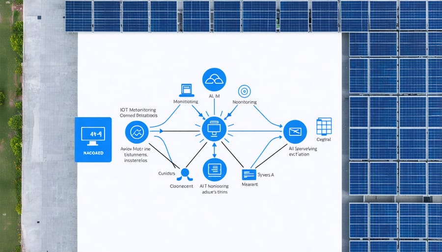Illustrated network of solar panel sensors feeding data to an AI monitoring system