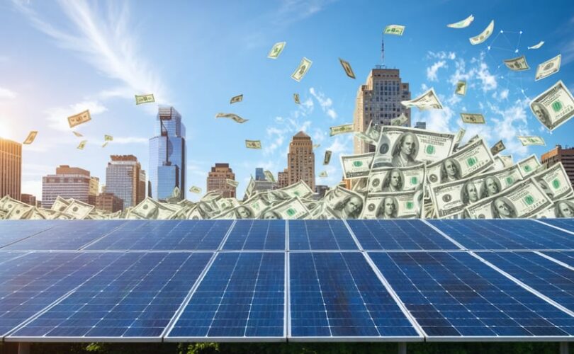 Solar panels in the foreground with a financial district skyline in the background, overlaid with dollar bills, tax symbols, and investment graphs, illustrating the concept of solar tax equity financing.