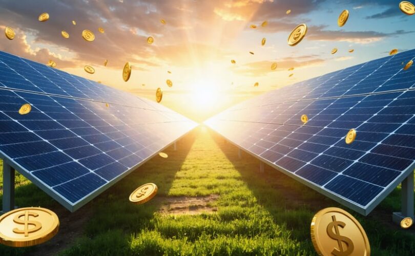 Illustration of solar panels with a sun rising in the background, symbolizing solar energy and financial growth through tax incentives.