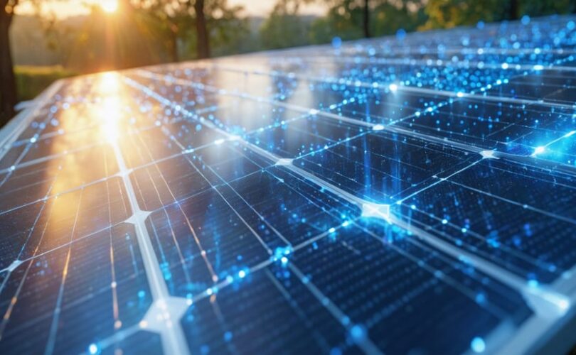 Artistic representation of advanced solar cell technology with multi-layered photovoltaic structures and sunlight, symbolizing breakthroughs in solar efficiency.