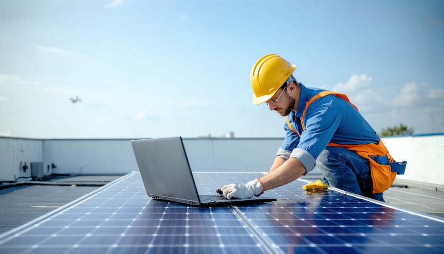 Professional solar technician working on medical facility solar installation