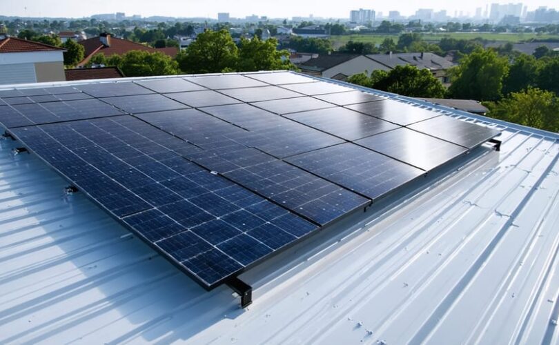 A conceptual illustration blending technical diagrams and real-world rooftop solar panels, showcasing different structural loads such as dead loads, wind forces, and snow accumulation, with engineering schematics overlaid to represent structural integrity.