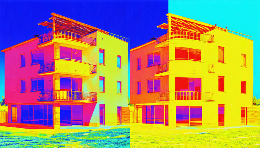 Side-by-side thermal images showing temperature differences between insulated and non-insulated PV facades