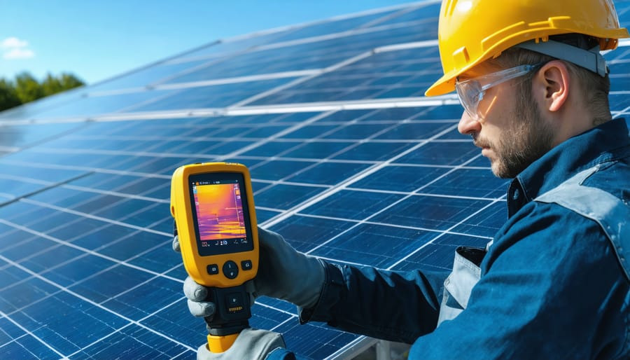Professional conducting thermal analysis of solar panel array to detect hotspots and faults