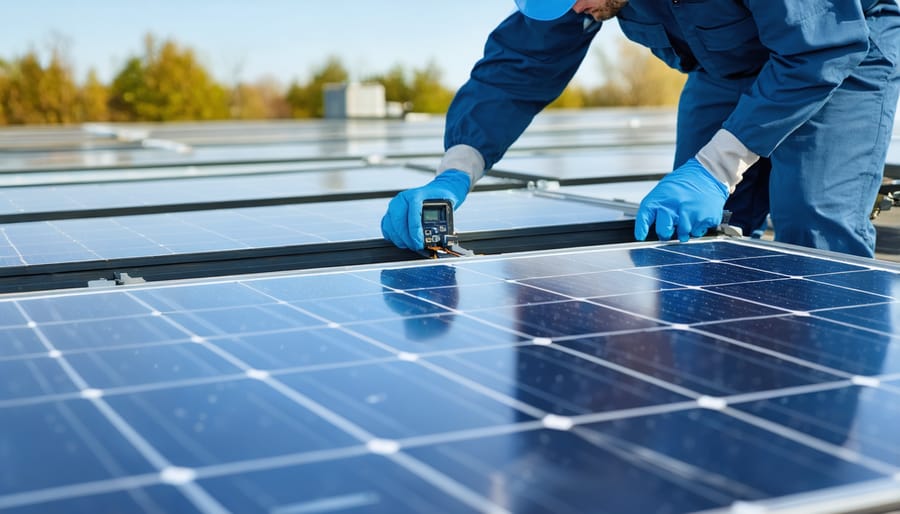 Solar technician mounting thin-film panels with diagnostic tools on a utility-scale installation