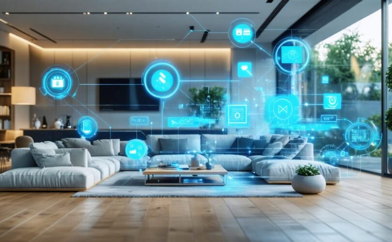 A modern smart home showcasing Z-Wave-enabled devices, including smart thermostats and lighting controls, illustrating efficient energy management and interconnected systems.