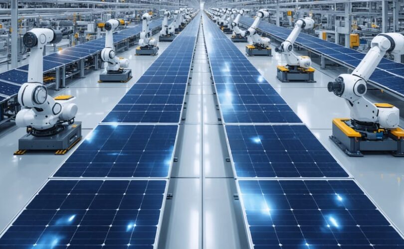 A futuristic AI-driven solar panel production line showing automated machines inspecting and assembling panels, contrasting with traditional manual inspection techniques.