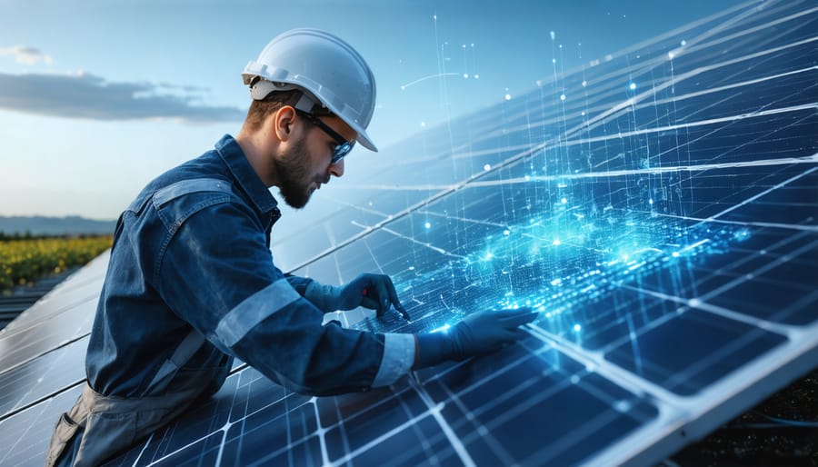 Visual demonstration of AI quality control system identifying defects on solar panel surface