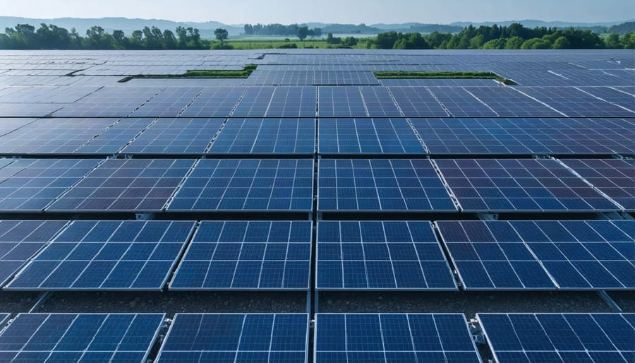 Visual representation of a smart solar farm with AI monitoring systems and performance metrics display