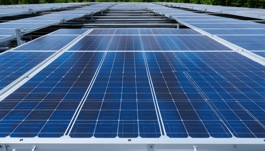 Modern solar panel recycling facility featuring automated sorting robots and digital monitoring equipment