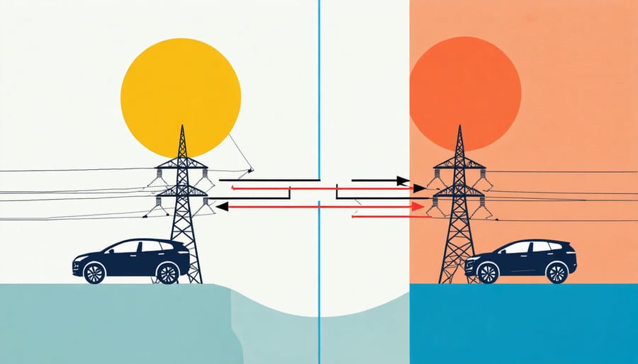 Illustration of bidirectional charging system connecting an EV to the power grid
