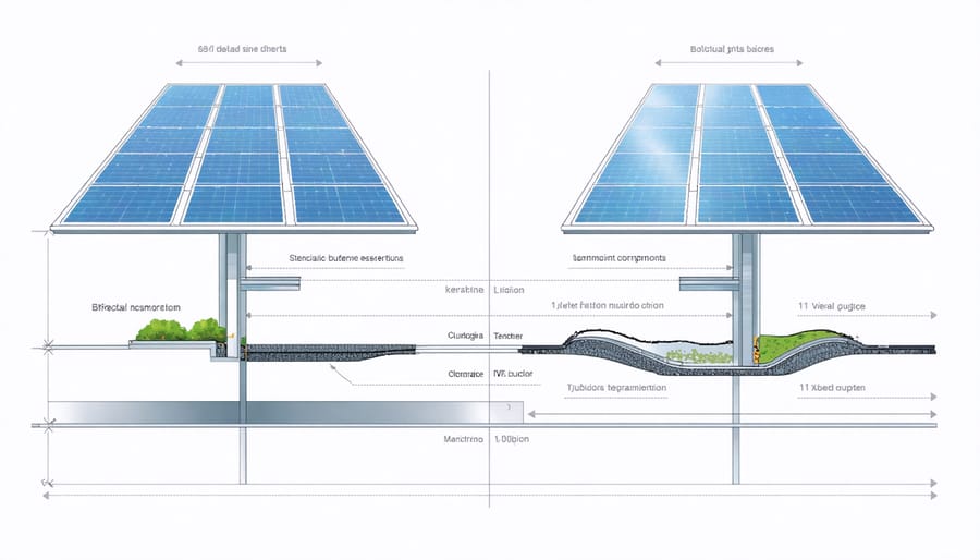 Technical diagram illustrating the layers and components of a bifacial solar panel
