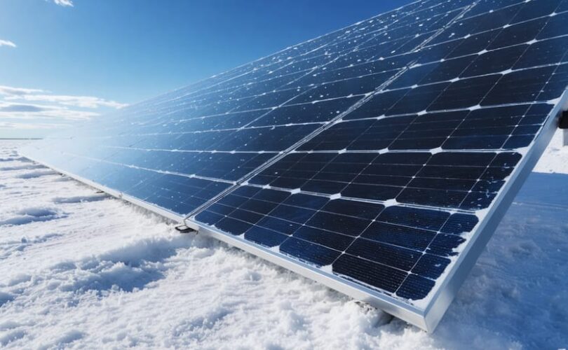 Illustration of bifacial solar panels capturing sunlight on both front and rear surfaces in a highly reflective environment, emphasizing their advanced energy efficiency technology.