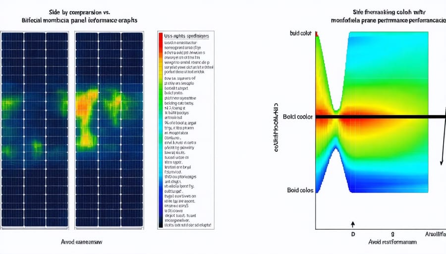 Graph comparing energy yield between bifacial and traditional solar panels under various conditions