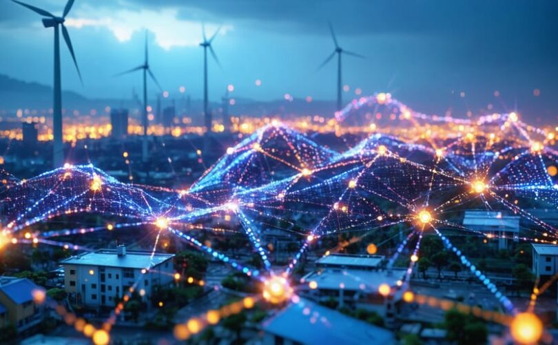 A conceptual illustration displaying an interconnected blockchain network overlay on a cityscape, featuring solar panels and wind turbines in the background, representing blockchain's role in revolutionizing energy trading systems.