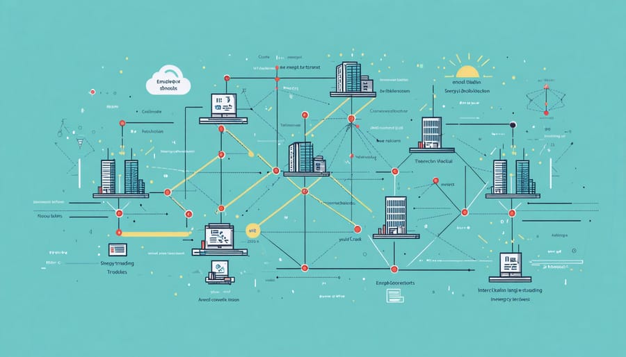 Network diagram illustrating how blockchain nodes connect in an energy trading system