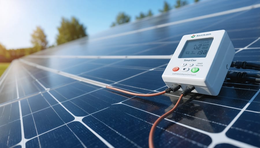 Solar PV installation with digital monitoring system showing blockchain integration