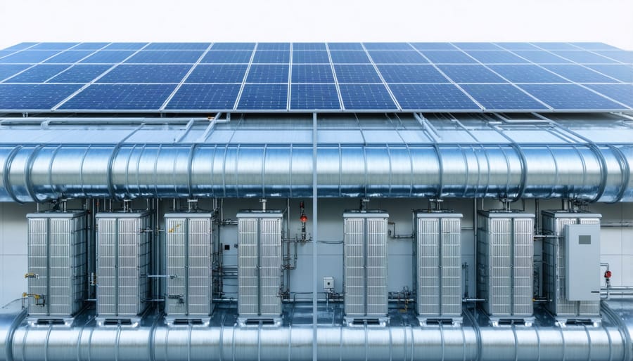 Modern building featuring solar panels and integrated zinc energy storage units