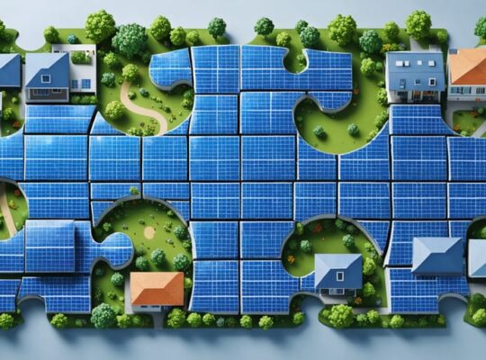 Conceptual illustration of interconnected solar panels forming a mosaic, depicting collaboration among residential, commercial, and green spaces in a community solar project.