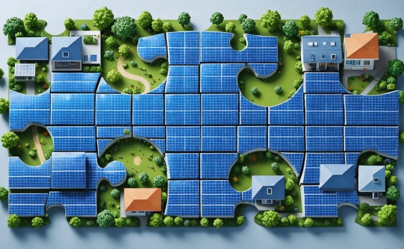 Conceptual illustration of interconnected solar panels forming a mosaic, depicting collaboration among residential, commercial, and green spaces in a community solar project.