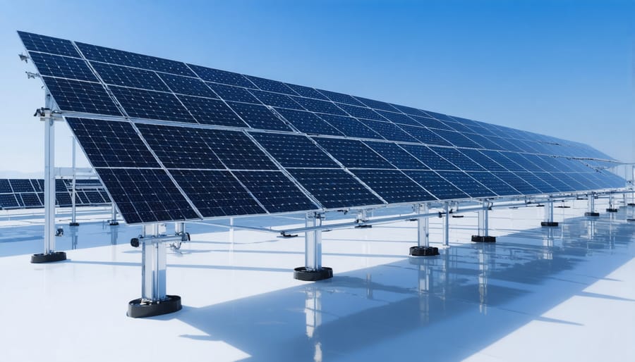 Aerial view of a commercial solar farm using bifacial panels with white reflective ground cover