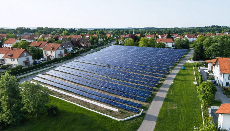 Bird's eye view of solar panel array integrated into a residential community