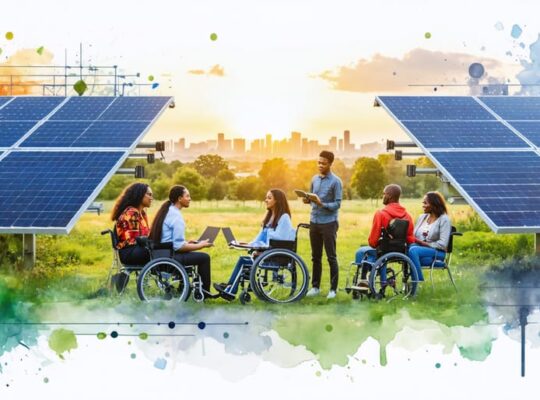 Diverse group of community members engaging in a collaborative discussion on solar project planning, symbolizing inclusivity and participation in renewable energy initiatives with a backdrop of solar panels and mixed urban-rural environment.