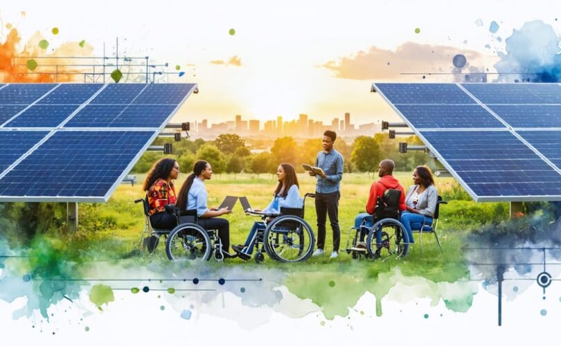 Diverse group of community members engaging in a collaborative discussion on solar project planning, symbolizing inclusivity and participation in renewable energy initiatives with a backdrop of solar panels and mixed urban-rural environment.