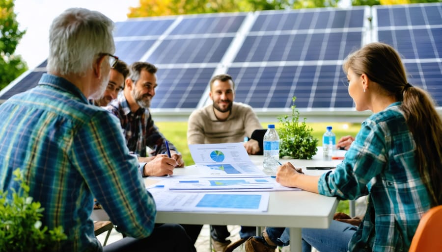 Diverse group of community members gathered around table examining community solar project documents