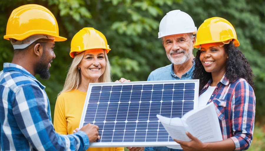 Community solar advocates explaining solar panels to interested residents at a town hall meeting