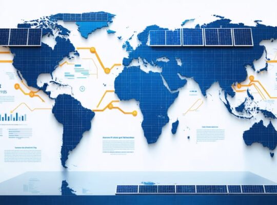 World map showing animated arrows representing solar investment flows between continents, highlighting Asia-Europe and North America-Africa corridors.