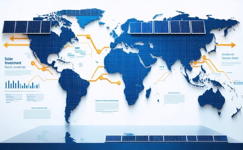 World map showing animated arrows representing solar investment flows between continents, highlighting Asia-Europe and North America-Africa corridors.