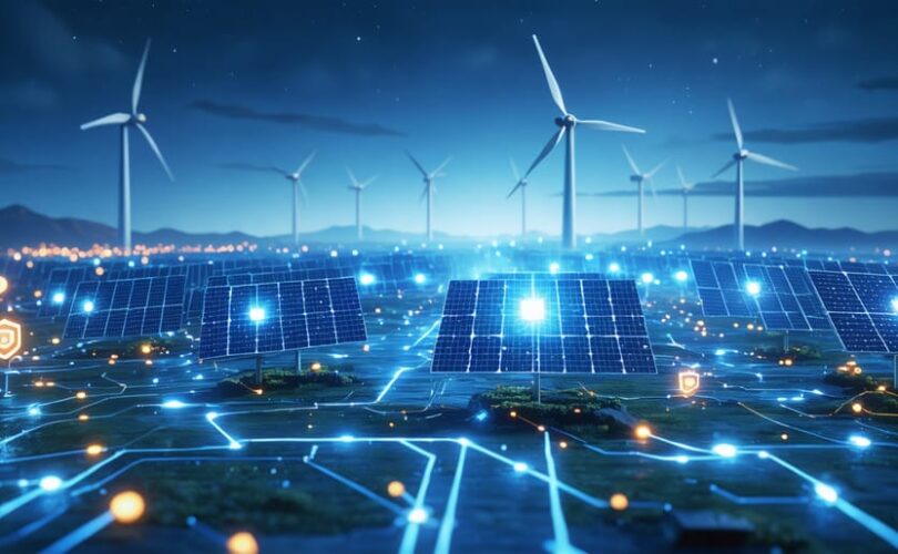 Conceptual illustration showing solar panels and wind turbines with digital shields and circuit patterns, representing cybersecurity measures for renewable energy systems.